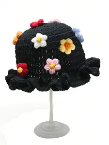 Unisex Handmade Crochet Knit Hat Beanie, Wavy Edge Cartoon Flower Bow Accessory, Winter Warm Y2K Street Hip Hop Fisherman Cap, Party Fun Hat, Fitted Hat