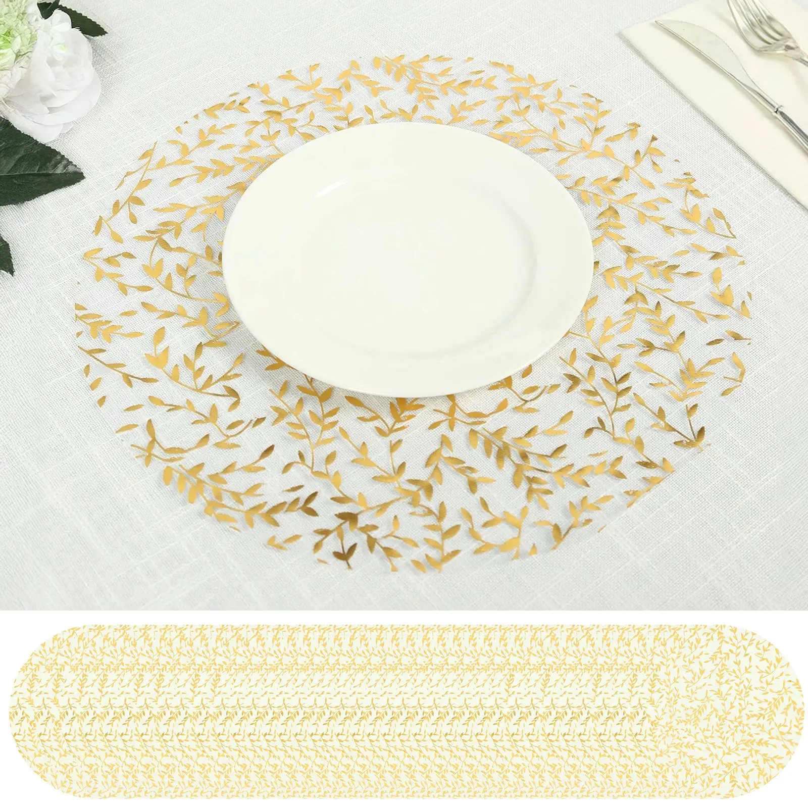 50-Pack Disposable Round Table Placemats (13 in) - White Tableware with Gold Foil Leaf Vine Design, Hand Wash Organza Floral Accessory for Parties, Banquets
