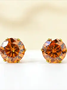 1pair 2.0 Carat Stainless Steel Six-Prong Crown Orange Round Synthetic Moissanite Stud Earrings, The Perfect Choice for Daily Wear Jewelry