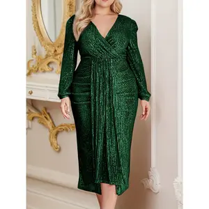 Plus Size Women's Elegant V-Neck Sequin Bridesmaid Dress KC1203772 - Form-Fitting Long Sleeve Burgundy Gown for Weddings & Formal Events Hand Washable All-Season Party Attire Nontransparent Fabric