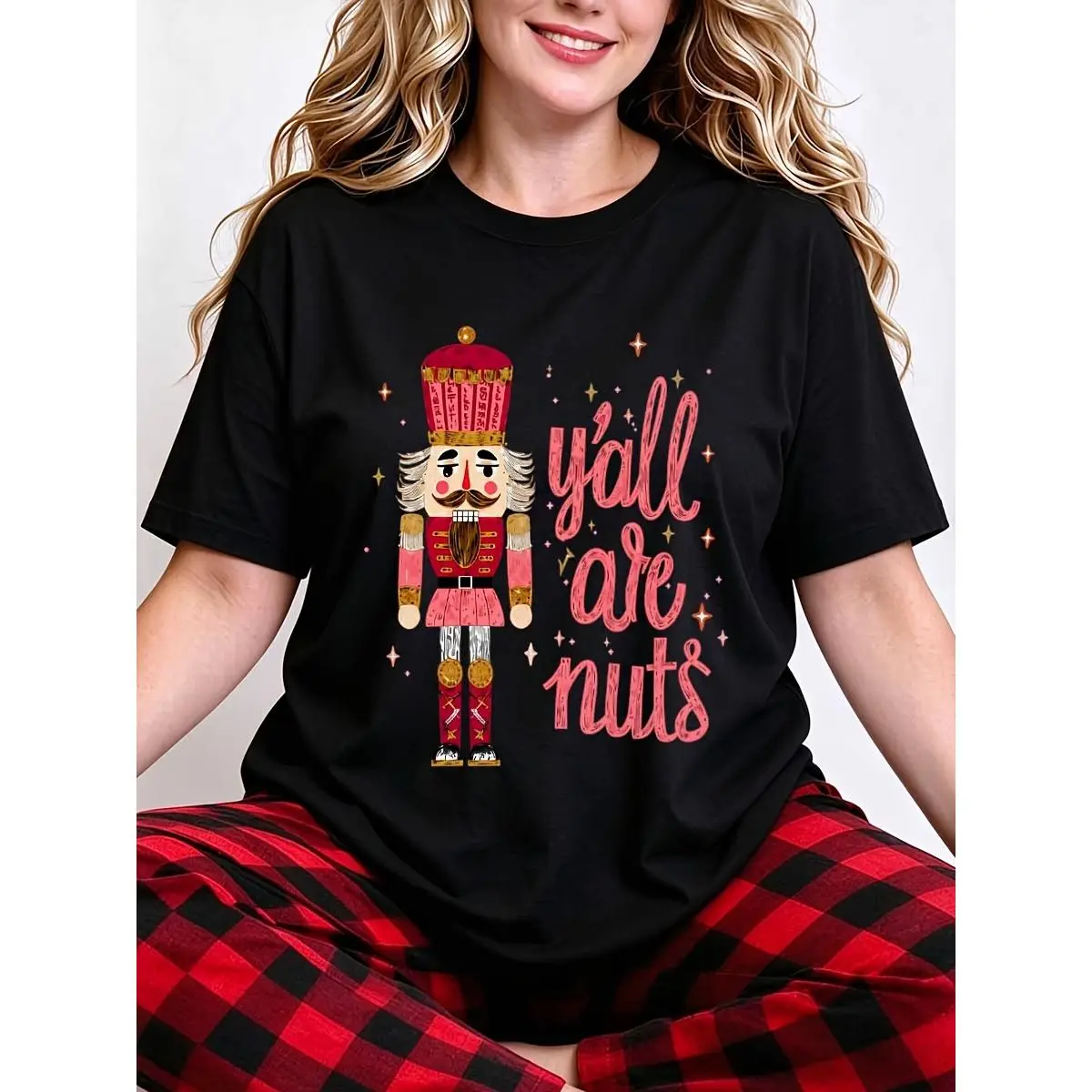 Women's T-Shirt Funny Nutcracker Yall Are Nuts Graphic Print Round Neck Short Sleeve Tee For Casual Daily Holiday Party Gift For Family Friends