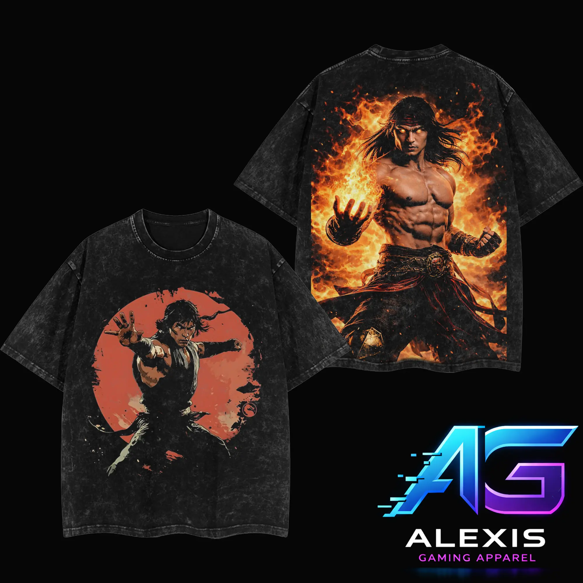 Retro 90s Action Game Mortal Kombat Fire Warrior Liu Kang Graphic Shirt, Flaming Martial Arts Fighter T-Shirt Hoodie, Vintage Washed Black Streetwear, Kung Fu Gaming Tee for Men Women, MK Fan Apparel Gift, Gift for Him, Gift for Fan