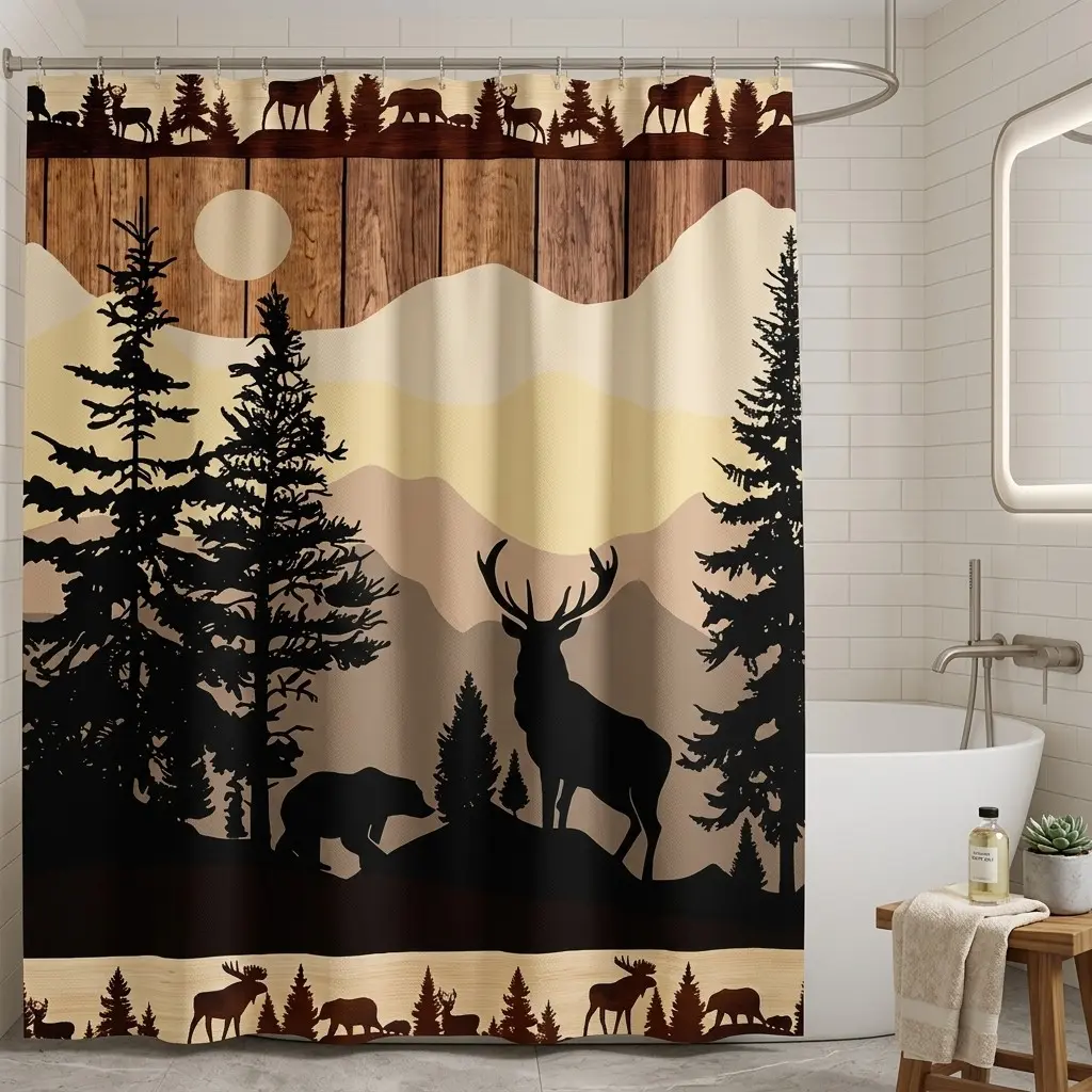 Rustic Mountain Wildlife Decorative Shower Curtain, Stag & Bear Silhouettes, Weathered Wood Design, Nature-Inspired Bath Decor, Cozy Cabin & Holiday Retreats, Forest Shower Curtain