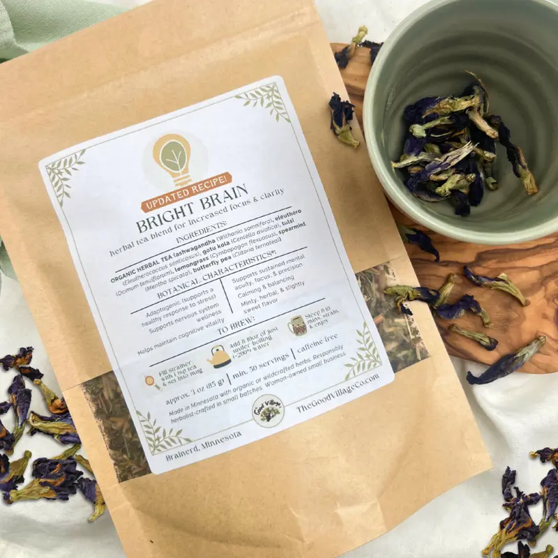 Bright Brain: Herbal Tea Blend for Increased Focus & Clarity (Caffeine-Free) Traditional Beverage for Cognition, Mental Acuity, Memory, & Uplift with Ashwagandha, Eleuthero, Gotu Kola, Lemongrass, Butterfly Pea, & Spearmint