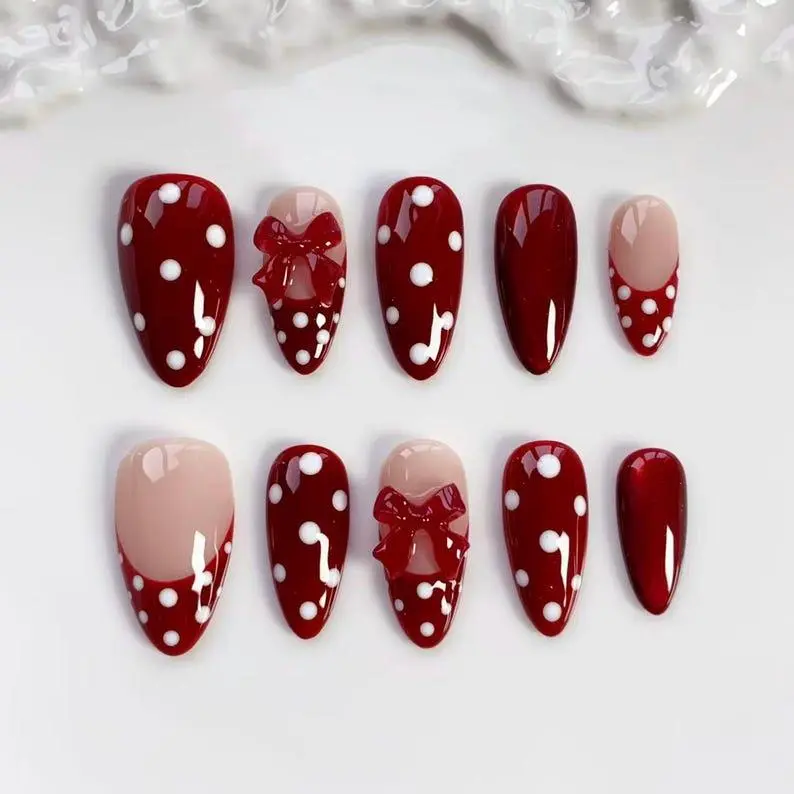 Burgundy Polka dot nails/press on nails long almond nails/Elegant nails/Bow nails/Cat eye nails/Valentine's Day Nails/Cute nails/Kawaii Nail