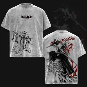 Kenpachi Zaraki Bleach Vintage Washed Oversized Anime T-Shirt, Heavyweight Cotton Streetwear Graphic Tee, Dark Manga Line Art Back Print, Unisex Loose Fit Japanese Anime Shirt, Classic Bleach Anime Streetwear Gift