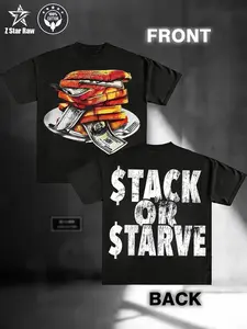 Stack or Starve Graphic Cotton T-Shirt for Men – Bold Dollar Bill Print, Red Crew Neck Tee, Casual & Versatile, Unisex Design, Perfect for Casual Attire or Travel, Allseason Apparel | Unisex Fashion | Smooth Texture Tee