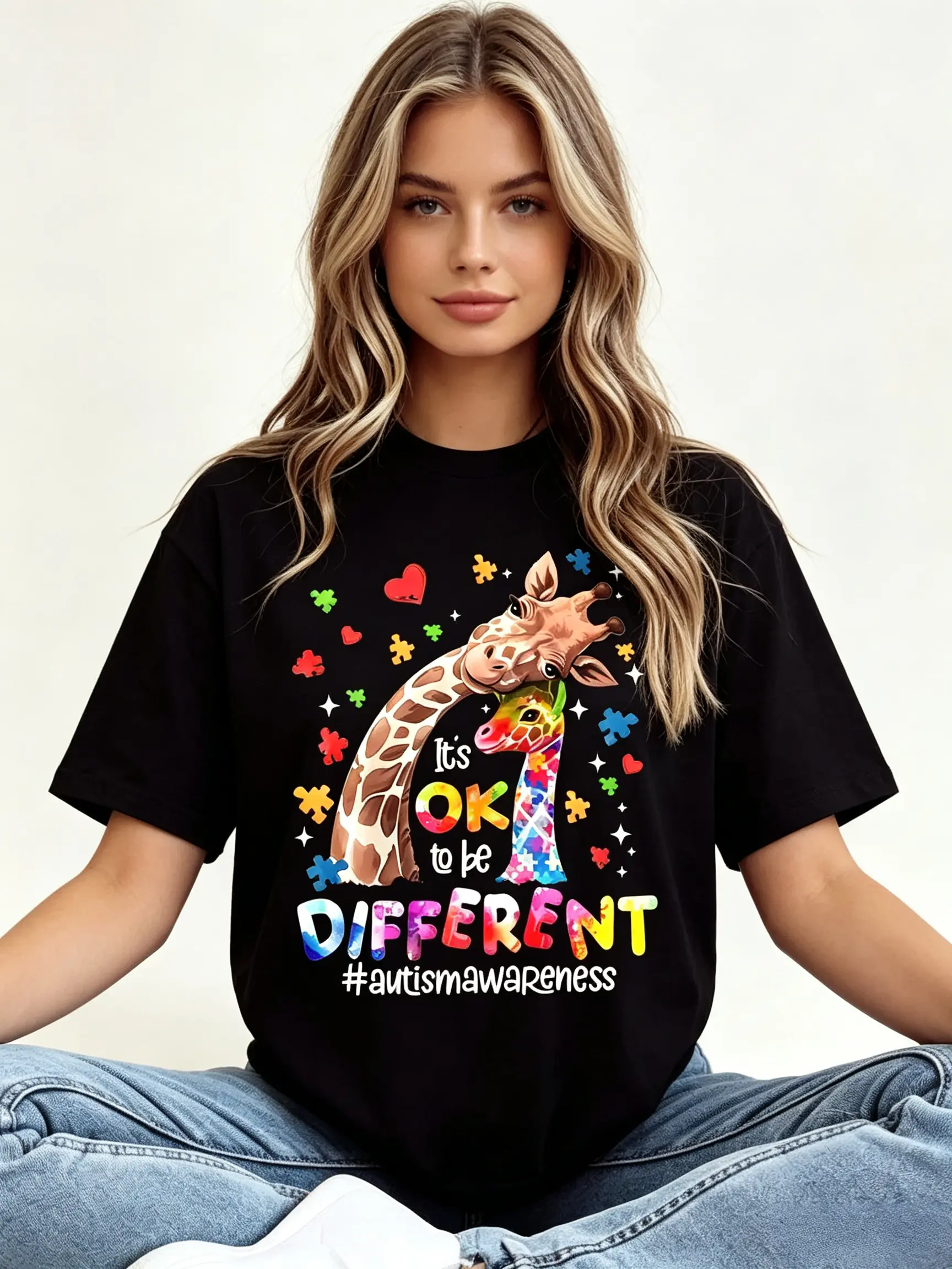 Giraffe With Puzzle Pieces And Hearts Print Ok To Be Different Autism Awareness T Shirt Casual Loose Fit Women's Top For Everyday Wear And Special Occasions