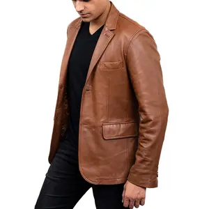 Men's 2-Buttons Lambskin Cognac Leather Blazer