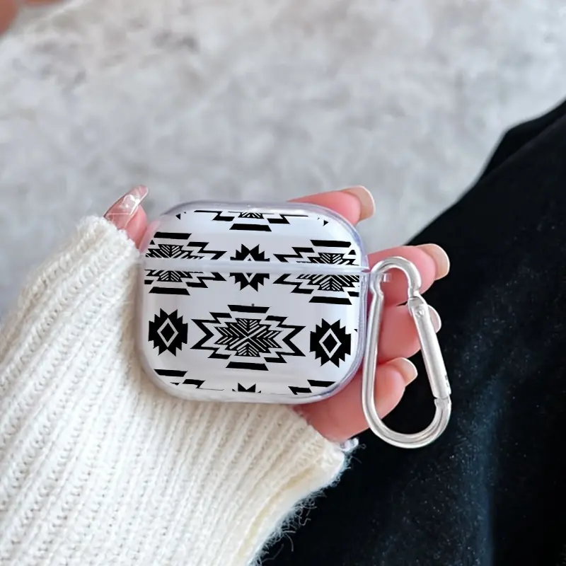 Geometric Tribal Echo Pattern Protective Case for AirPods 4/3/2/1/Pro/Pro2 Soft TPU Earphone Cover, Transparent with Keychain