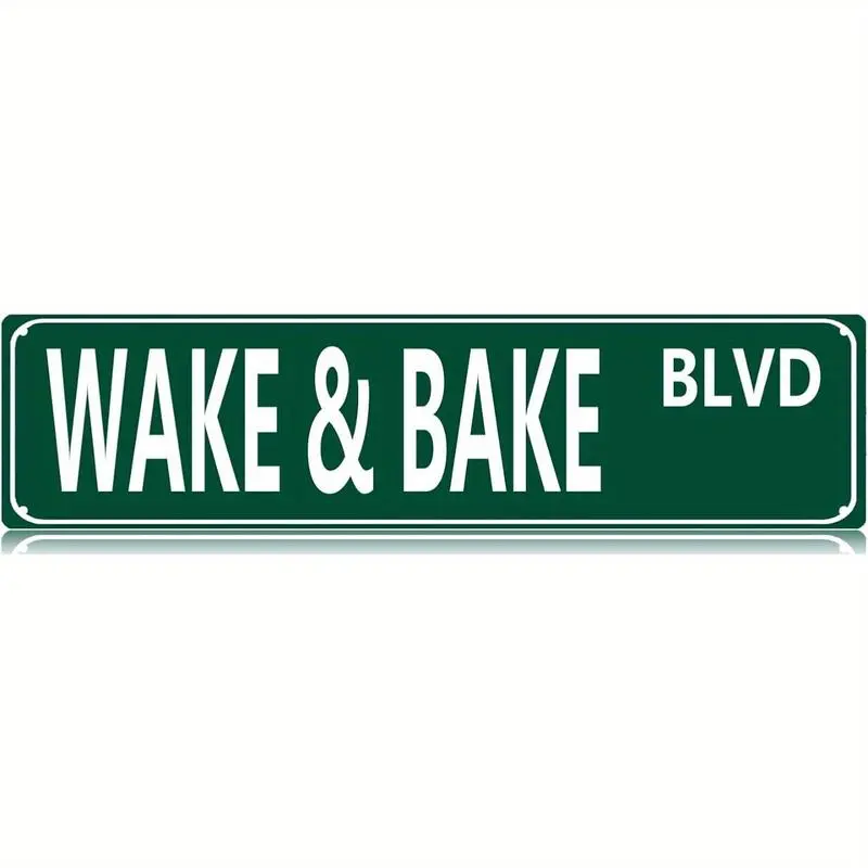 Wake & Bake Blvd Metal Tin Sign - Funny Vintage Weed Marijuana Wall Art Decor, 16x4 Inch Slim Street Sign for Home Bar Cafe Garage Indoor/Outdoor, Humorous Gift for Mother'S Day Father'S Day Graduation 4th of July, Vintage Metal Tin Sign