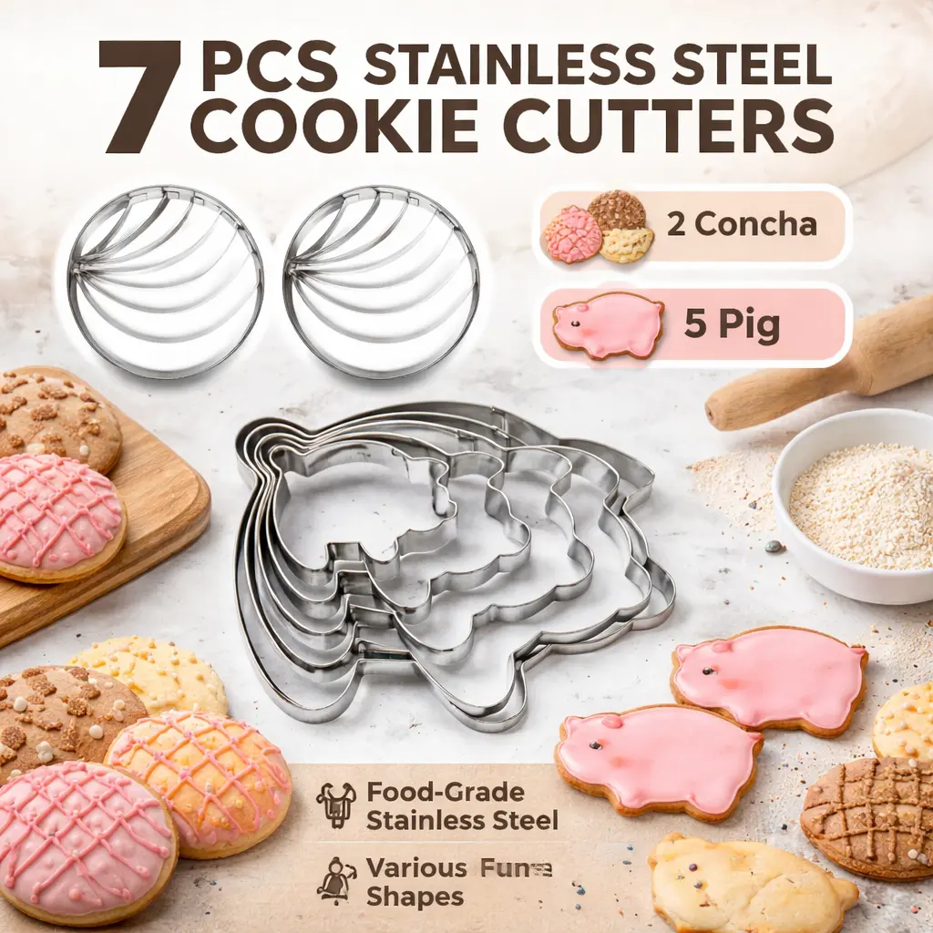 Stainless Steel Metal Sturdy Kitchen Bakeware Set - 7pcs Baking Accessories, 2 Mexican Pastries Shell Imprint Concha Stamps, 5 Pig Cookie Cutters, Dishwasher Safe, Housewarming Gift
