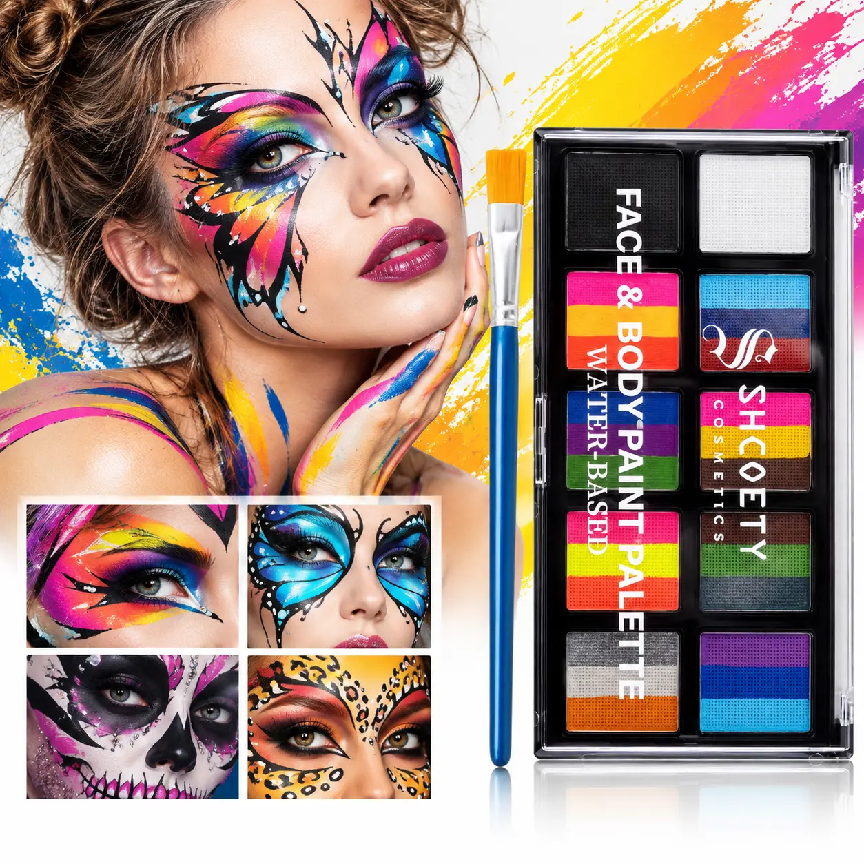 Professional Safe Non-Toxic Body Art Makeup Kit - 24 Colors, 1 Brush, 12-Color Face & Body Cosmetic Oil Palette for Women (Ideal for Halloween, SFX)