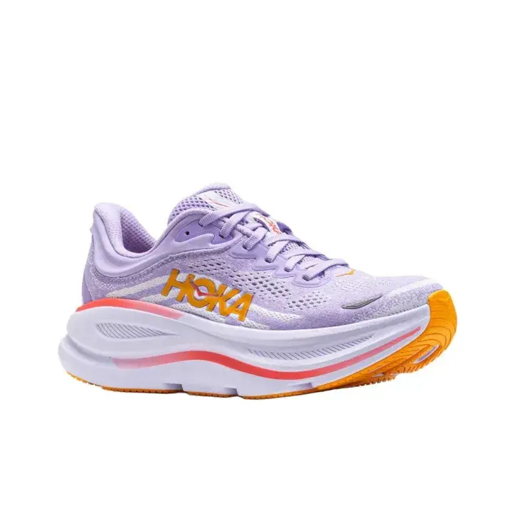 Soft Pastel Tone Supportive Road Running Trainers Pale Lilac Breathable Knit Upper Thick Soft White Cushion Midsole Orange Logo Pink Stripes Ideal For Gym Training, All-Day Standing Jobs & City Jogging