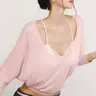 Women's Solid Color Minimalist Semi-Sheer V Neck Long Sleeve T-shirt, Sexy Loose-Fit Casual Crop Top for Parties, Clubs, Dating and Holiday, Ladies Elegant Tee for Spring, Fall and Winter, Everyday Wear, Casual Everyday Tops