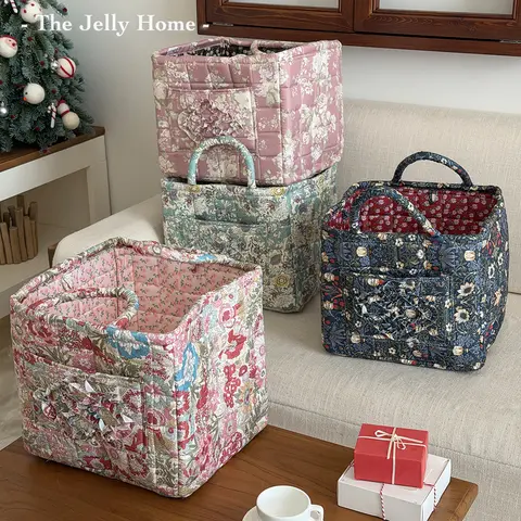 Women's Dahuaofu Series Casual Soft Quilted Square Storage Basket - 31*27*26 cm Large Floral Polyester Bag, Basket with Handle, Front Pocket, Foldable, High-Capacity Travel Buddy, Makeup Bag, Blue Clothes Organizer