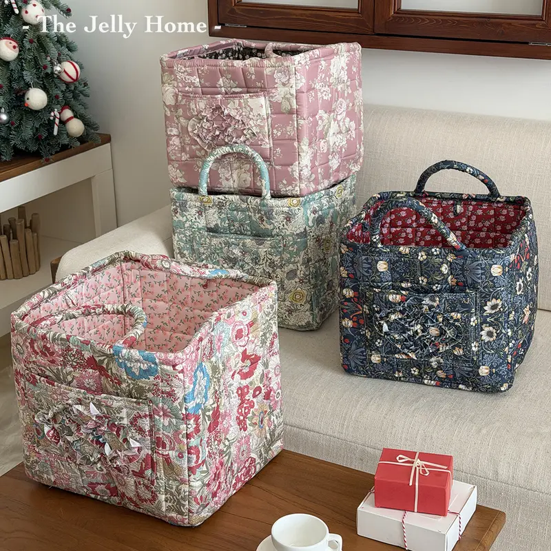 Women's Dahuaofu Series Casual Soft Quilted Square Storage Basket - 31*27*26 cm Large Floral Polyester Bag, Basket with Handle, Front Pocket, Foldable, High-Capacity Travel Buddy, Makeup Bag, Blue Clothes Organizer