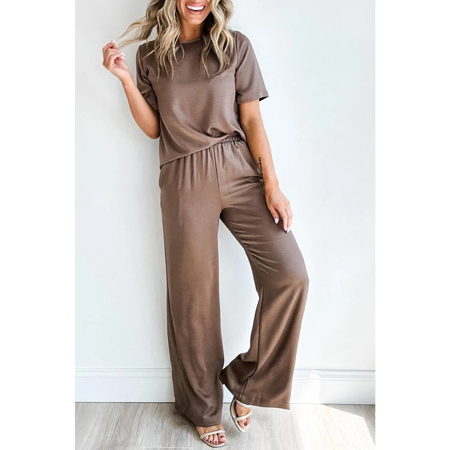 Smoke Gray Solid Color T Shirt 2pcs Wide Leg Pants Set