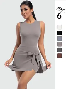 Women's Solid Bowknot Decor Sports Dress, Casual Sporty Sleeveless Round Neck Bodycon Dress for Yoga Gym Workout, Ladies Sportswear for All Seasons