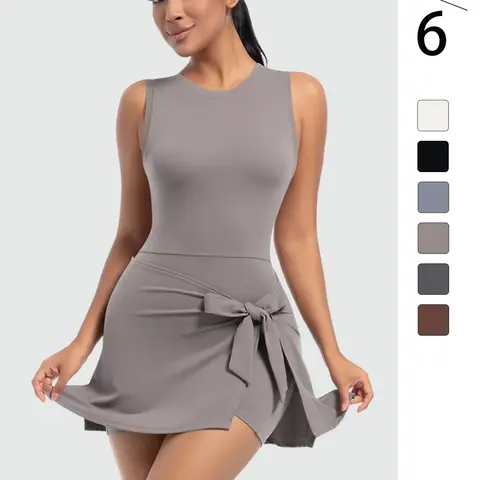 Women's Solid Bowknot Decor Sports Dress, Casual Sporty Sleeveless Round Neck Bodycon Dress for Yoga Gym Workout, Sportswear for All Seasons, Workout Active Dress, Workout Exercise Dress