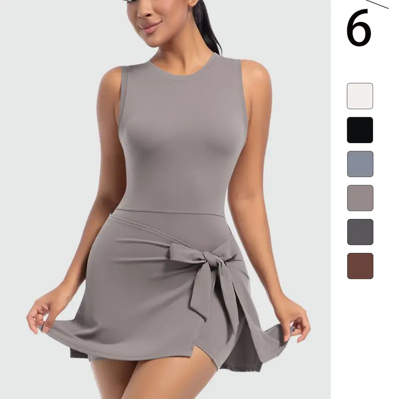 Women's Solid Bowknot Decor Sports Dress, Casual Sporty Sleeveless Round Neck Bodycon Dress for Yoga Gym Workout, Sportswear for All Seasons, Workout Active Dress, Workout Exercise Dress