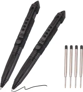 2 Pack Military Tactical Pen Set with 6 Black Ballpoint Refills for Writing, Made of Tungsten Steel & Aluminum (Black, Pack of 2)