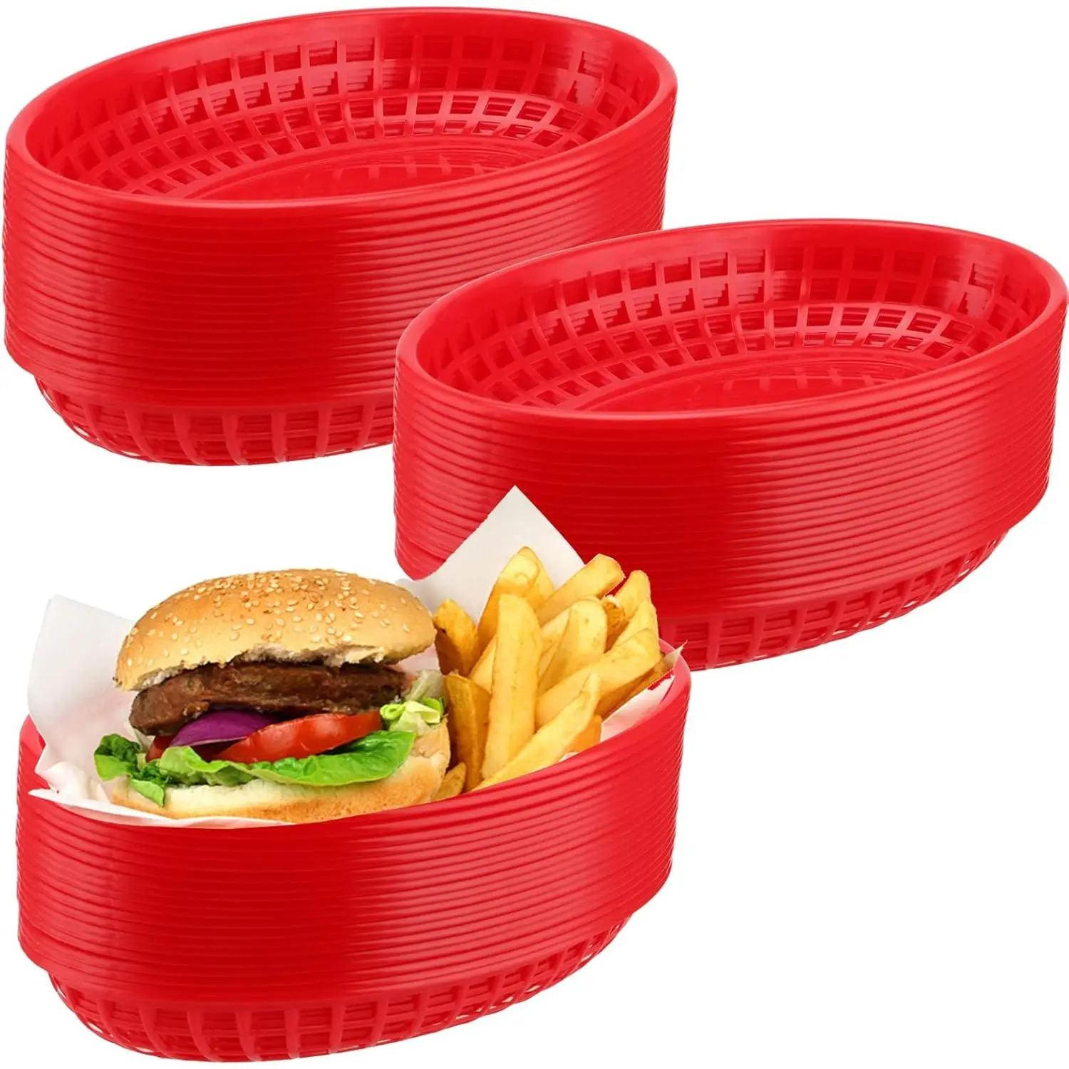 60pcs Oval Basket Disposable Red Plastic Fast Food Baskets, 9x5.7x1.6 inch Disposable Tableware Set, Ideal for Picnic Deli Serving (Chicken, Burgers, Fries)
