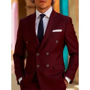 Men's Fashion Solid Color Double Breasted Peak Lapel 2-Piece Suit, Elegant Blazer and Trousers for Prom and Banquet, Slim Stylish Design, Breathable Lightweight Fabric, Ideal Gift for Any Man