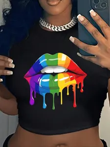 Women's Rainbow Lip Print Round Neck Crop Tee, Fashion Casual Crew Neck T-Shirt for Daily Holiday Vacation Outdoor Wear, Ladies Clothes for Summer