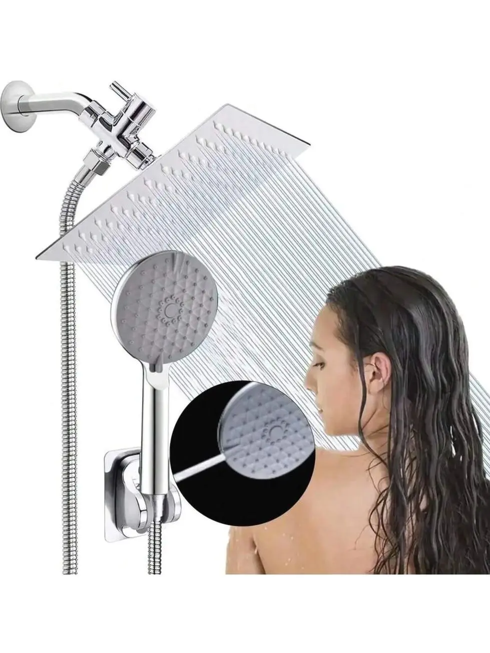 Shower System with 360° Rotating Rainfall Showerhead and 4-Mode Handheld Sprayer, Chrome Plated for Bathroom, Family and Pet Washing