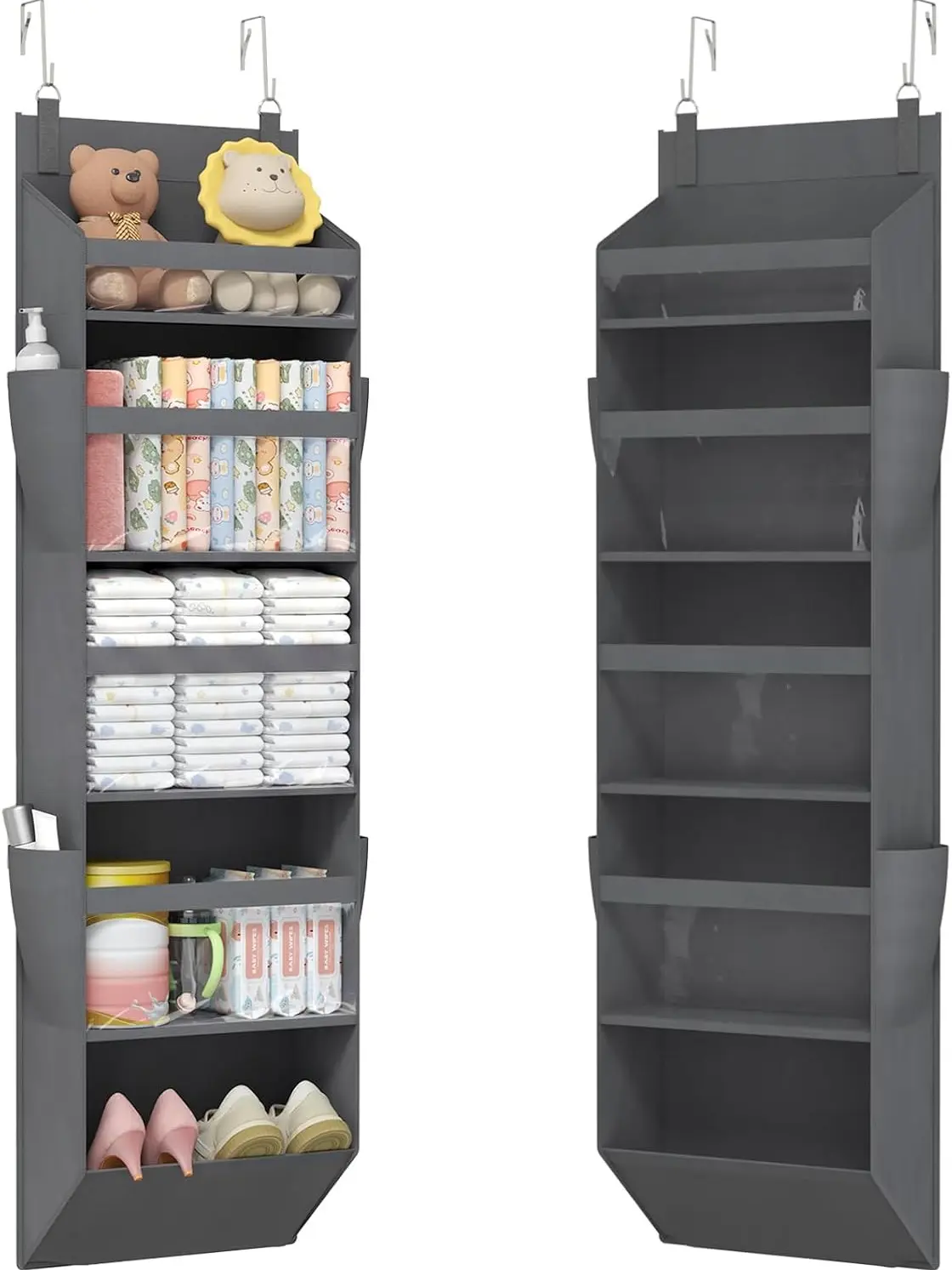 1 Pack Over the Door Organizer, Clear Window Hanging Storage with 4 Mesh Side Pockets, Anti Tilt 40 lbs Load Behind Door for Pantry, Nursery, Bathroom, Bedroom, Dorm, 5 Section, Beige