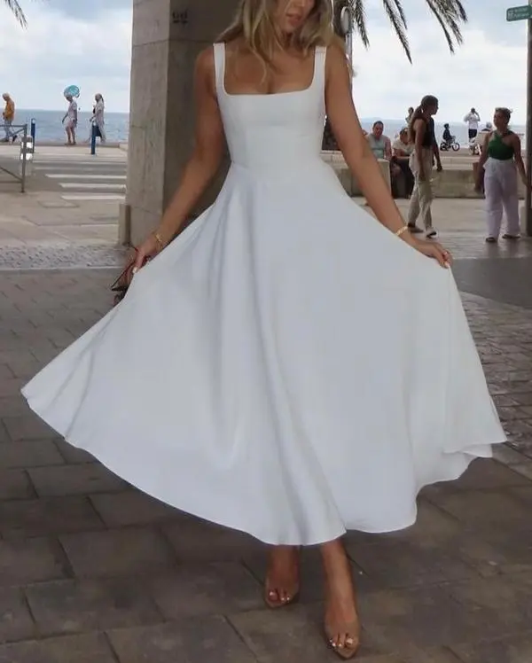 Women's Square Neck A-Line Midi Dress, a Classy Casual Gown with Thick Straps and Waist-Cinching Fit for Going Out, Lady