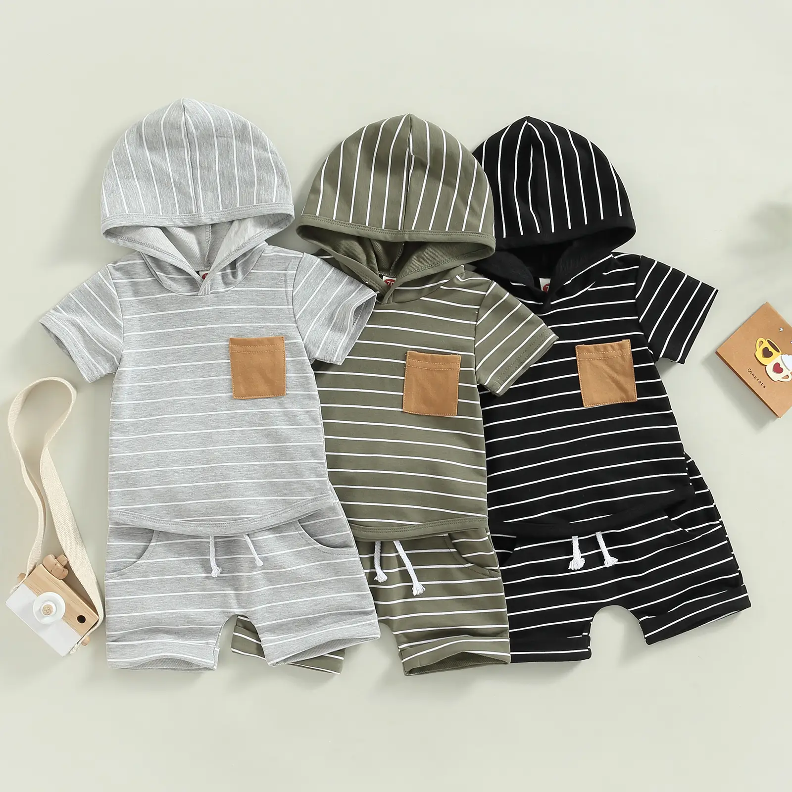 Cute Newborn Baby Boy Clothes Short Sleeve Hooded Tops with Pocket Drawstring Short Casual Summer Outfits