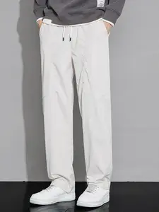 Men's Casual Relaxed-Fit White Straight Trousers - Elastic Waistband, Lightweight Breathable Fabric, for Everyday Menswear