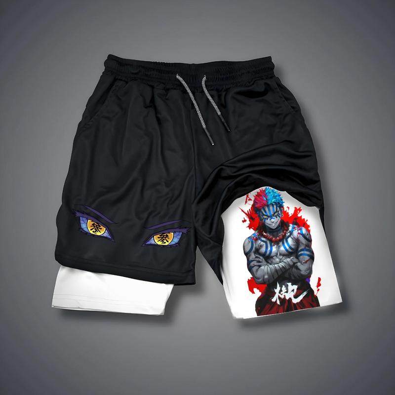 Demon Slayer Akaza  Upper Moon Three Anime 80s 90s Double-Layer Sports Shorts Graphic Shorts Black Camo Streetwear Shorts Men Outfits Men Vacation Outfits Shorts