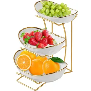 Fruit Bowl for Kitchen Counter, 3-Tier Fruit Basket, Ceramic Fruit Bowl with Metal Stand for Fruit, Vegetable Storage, Snack, Nuts, Dessert, Cake, Stylish & Cute