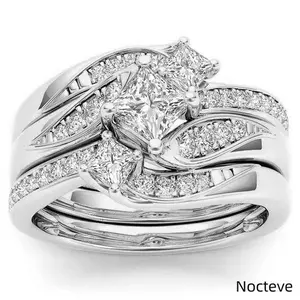 2-Piece Double Layer Matching Finger Ring Bundle for Women, Smooth Polished Alloy Stackable Bands Centered with Princess Square Cut Laboratory-Created Moissanite, Full Surround Shimmer Stones Jewelry for Engagement Promise, Wedding Styling