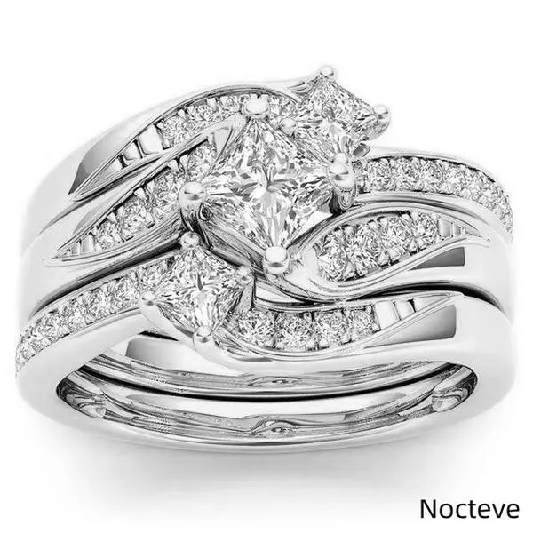 2-Piece Double Layer Matching Finger Ring Bundle for Women, Smooth Polished Alloy Stackable Bands Centered with Princess Square Cut Laboratory-Created Moissanite, Full Surround Shimmer Stones Jewelry for Engagement Promise, Wedding Styling
