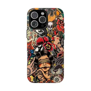Retro 90s Traditional Tattoo Phone Case – Tattoo Art | Compatible with iPhone 17/16/15/14/13/12/11 and Samsung Galaxy S21-S25, Gift