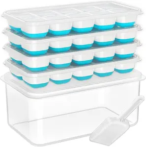 4 Pack Silicone Ice Cube Trays with Lid & Bin – Stackable Ice Maker Set with Storage Container & Scoop for Freezer, Cocktails & Coffee
