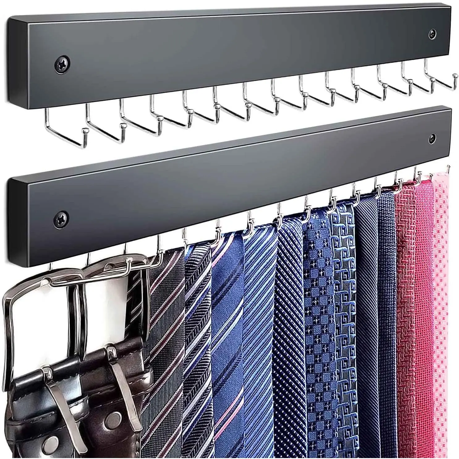 2Pack Tie Rack Wall Mounted, Wooden Belt Hanger Tie Organizer for Men with 28 Folding Hooks, Space Saving Tie Holder and Belt Rack for Closet Wall Mount, Black