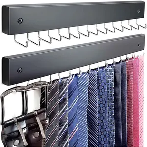 2Pack Tie Rack Wall Mounted, Wooden Belt Hanger Tie Organizer for Men with 28 Folding Hooks, Space Saving Tie Holder and Belt Rack for Closet Wall Mount, Black