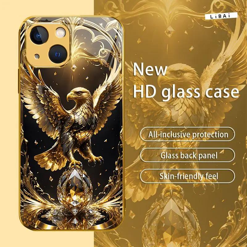 Suitable for [iPhone 14] New electroplated glass gold eagle mobile phone case simple explosion-proof mobile phone case affordable anti-drop anti-fingerprint 995