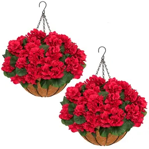 2Pcs Artificial Geraniums Hanging Basket, 12 Bundles UV Resistant Fake Flowers, Perfect Mother's Day Gift for Mom's Patio Porch Balcony Spring Summer All-Season Decor