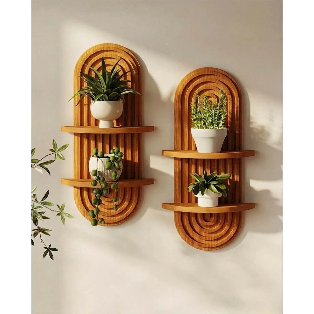 Boho Wall Decor Brown Plant Wall Shelf, Mid Century Modern Decor Hanging Plant Shelf, 2-Tier Wooden Floating Shelves for Home, Bathroom Bedroom Living Room, Office Planter Decoration 2 pcs