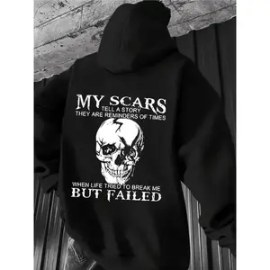 180g[100%cotton]Men's Skull & Motivational Quote Print Gothic Rock Hoodie, Punk Style Back Printed Sweatshirt, Casual Sports Wear for Motorcycle Activities