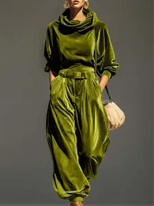 Two-Piece Ensemble: Deep Brown Puffed Collar Sweatshirt Paired with Wide-Leg Lantern Trousers |   Fashion Inspired by Vintage Styles, Ideal for Retro Gatherings, City Travel, And Beyond