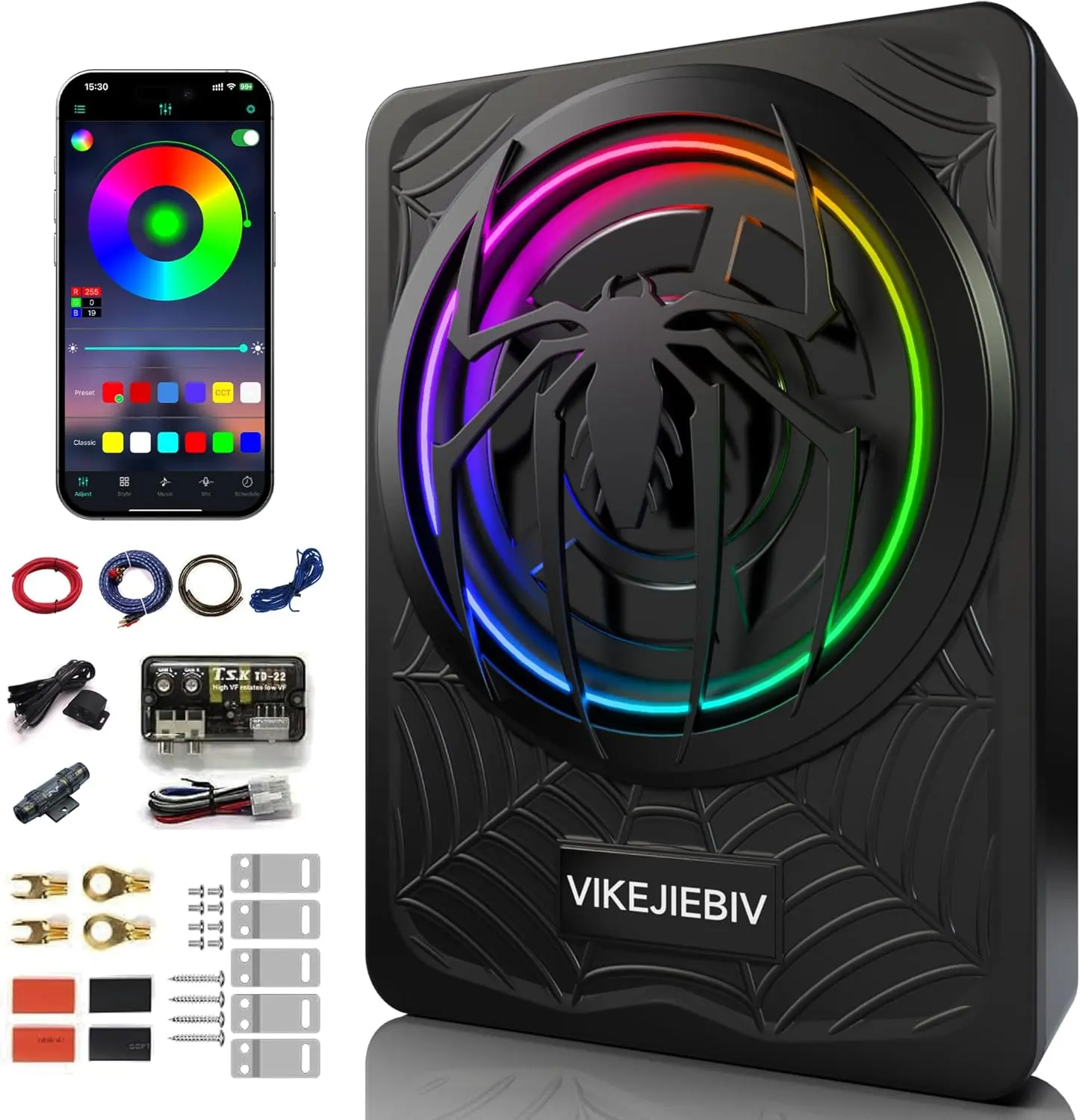 1200W RGB Subwoofer, Slim Underseat Car Subwoofer and Amp Package with RGB Beat-Synced Light, Individual Control for Low Pass/Gain/Boost (A, B)