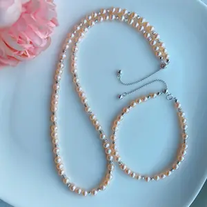 Piswency Freshwater Pearl Necklace and Bracelet, 925 Sterling Silver, Real Natural Peach color Pearls 4-4.5mm