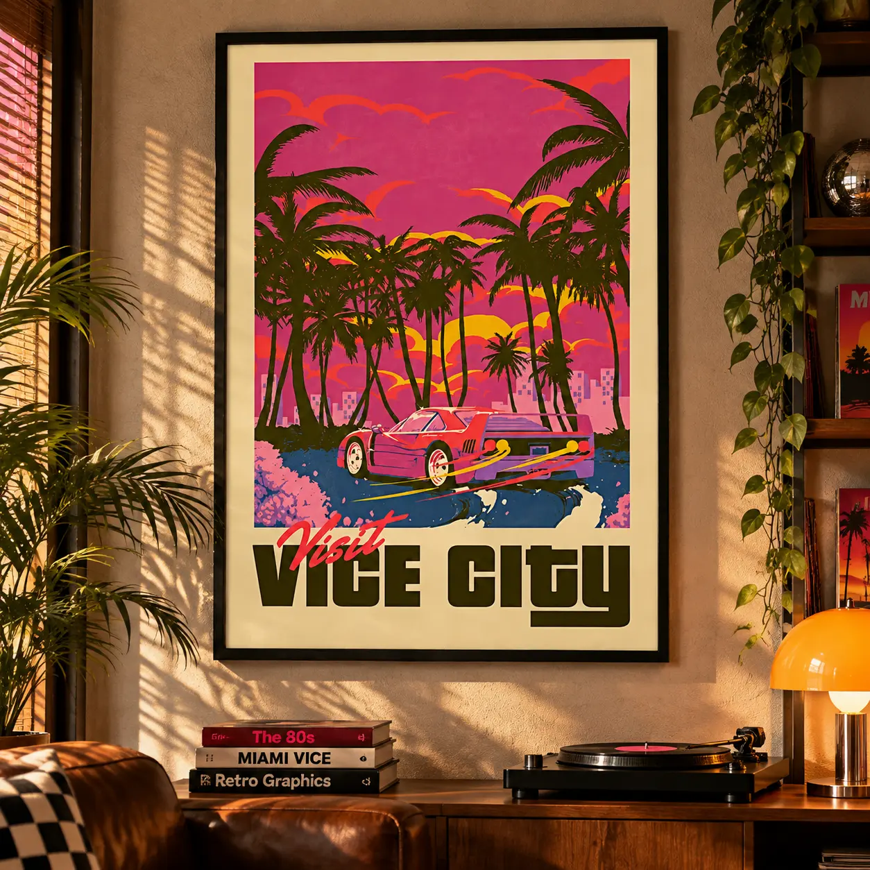 Vibrant Classic Cars Canvas Wall Art - Neon Sunset Retro Automotive Miami-Style Decor for Garage, Bedroom, Unique Gift for Enthusiasts